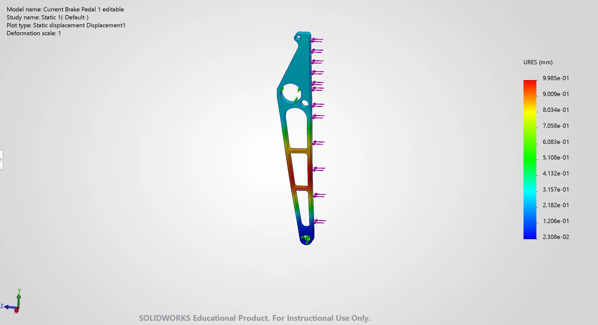 SolidWorks Simulation resultant displacement plot of the redesigned connector on a light grey background. The arm is dark blue at the bottom pivot hole, teal across the upper end around the large hole, and orange to red across the middle pockets. Purple load arrows point at the straight right edge. The legend, URES in mm, runs from 2.308e-02 to 9.985e-01. A SolidWorks Educational watermark runs along the bottom.