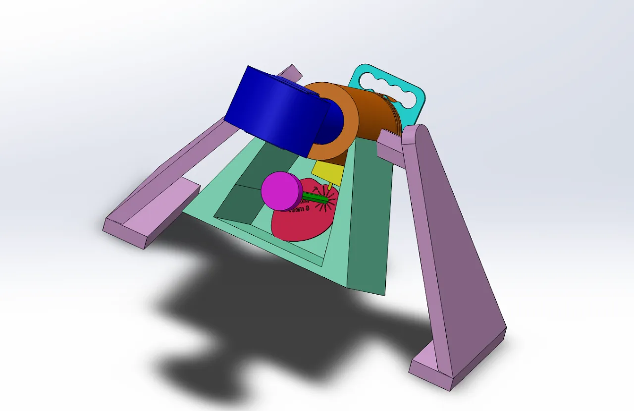 Rear view render of the same slicer assembly. The blue pusher head and the end of the orange housing are at the top, with a teal plate with a row of rounded cutouts behind the housing. Below them is an open green trough holding a red rounded plate, a magenta disc on a thin green rod, and a small yellow block, all between the two tapered lavender supports.