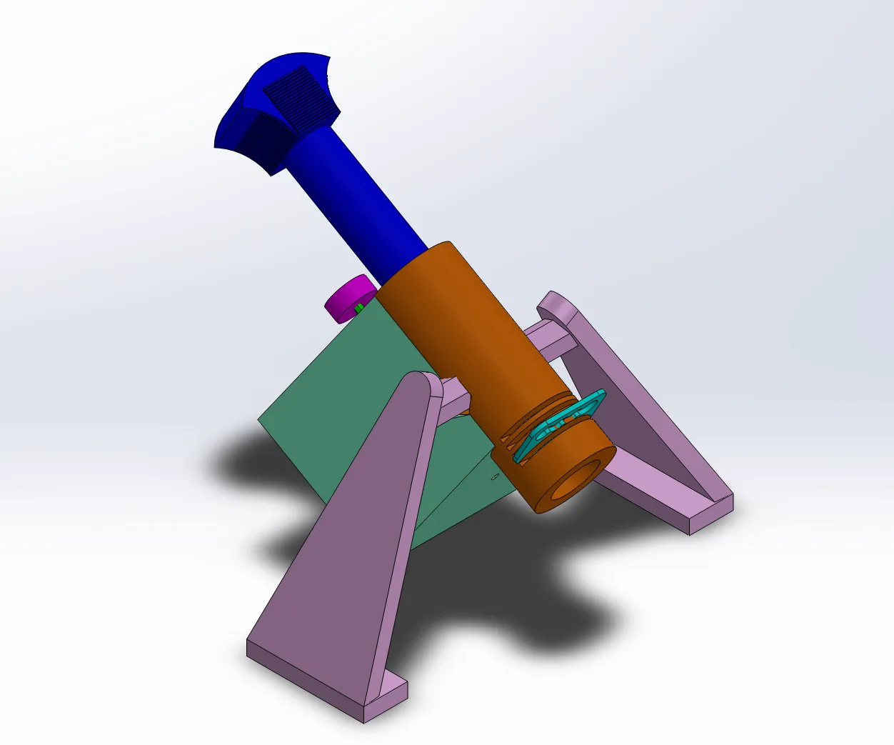 SolidWorks render of the slicer assembly on a light background. A blue pusher with a flared, textured head and a long cylindrical shaft runs into an orange cylindrical housing. The housing is held at an angle between two tapered lavender supports, above a green box-shaped part. A small magenta disc and a thin teal plate near the lower end of the housing are also visible.