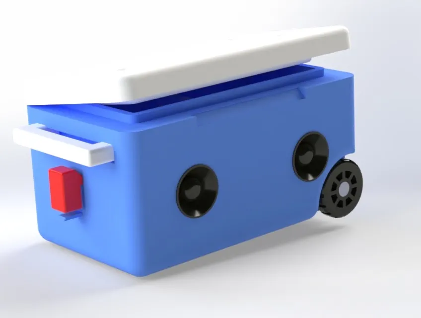 Render of the same blue cooler from the opposite end. A white handle bar runs across the end wall with a red rectangular block below it. Two black circular speaker units are set into the long side wall, and a black wheel is visible at the far end.